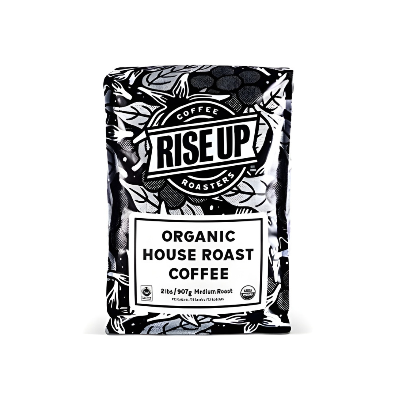2lb Coffee bag with 'Rise Up Coffee Roasters' branding on a white background