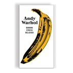 Yellow banana with black ink splashes on a white background, inspired by Andy Warhol.