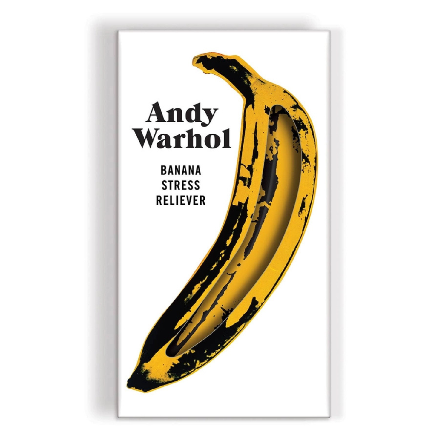 Yellow banana with black ink splashes on a white background, inspired by Andy Warhol.