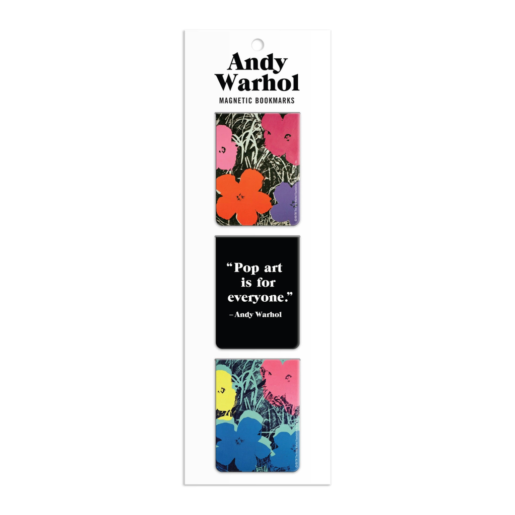 Packaged Andy Warhol magnetic bookmarks with floral designs and a quote on a white background