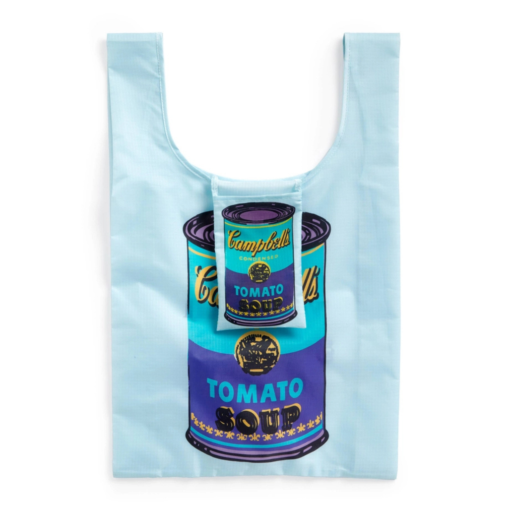 Light blue reusable shopping bag with Campbell's Tomato Soup design on a white background