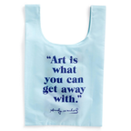 Light blue reusable bag with blue text and signature on a white background