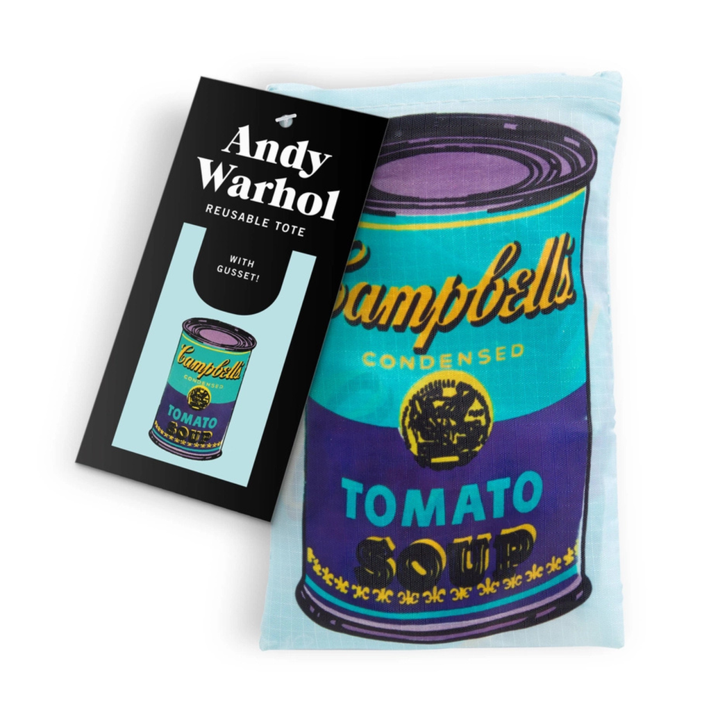 Andy Warhol Campbell's Soup can design reusable tote bag with packaging