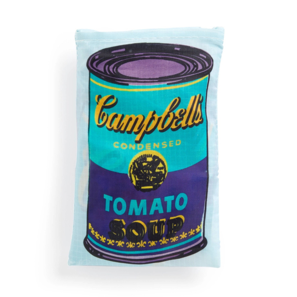 Andy Warhol Pop Art design of Campbell's Tomato Soup can-shaped packed reusable bag on a white background
