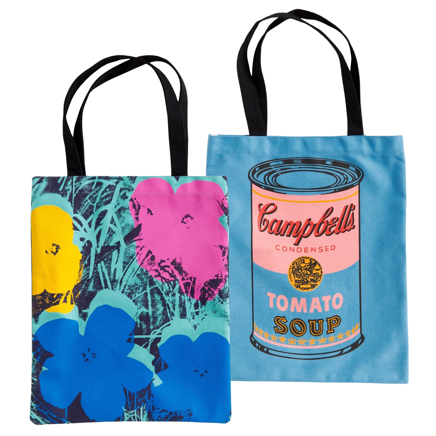 Two canvas tote bags with colorful pop art designs by Andy Warhol on a white background