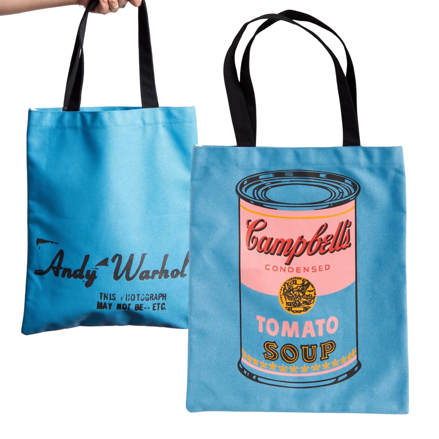 Back and Front view of a blue Tote bag with Andy Warhol design featuring Campbell's Tomato Soup can on a white background