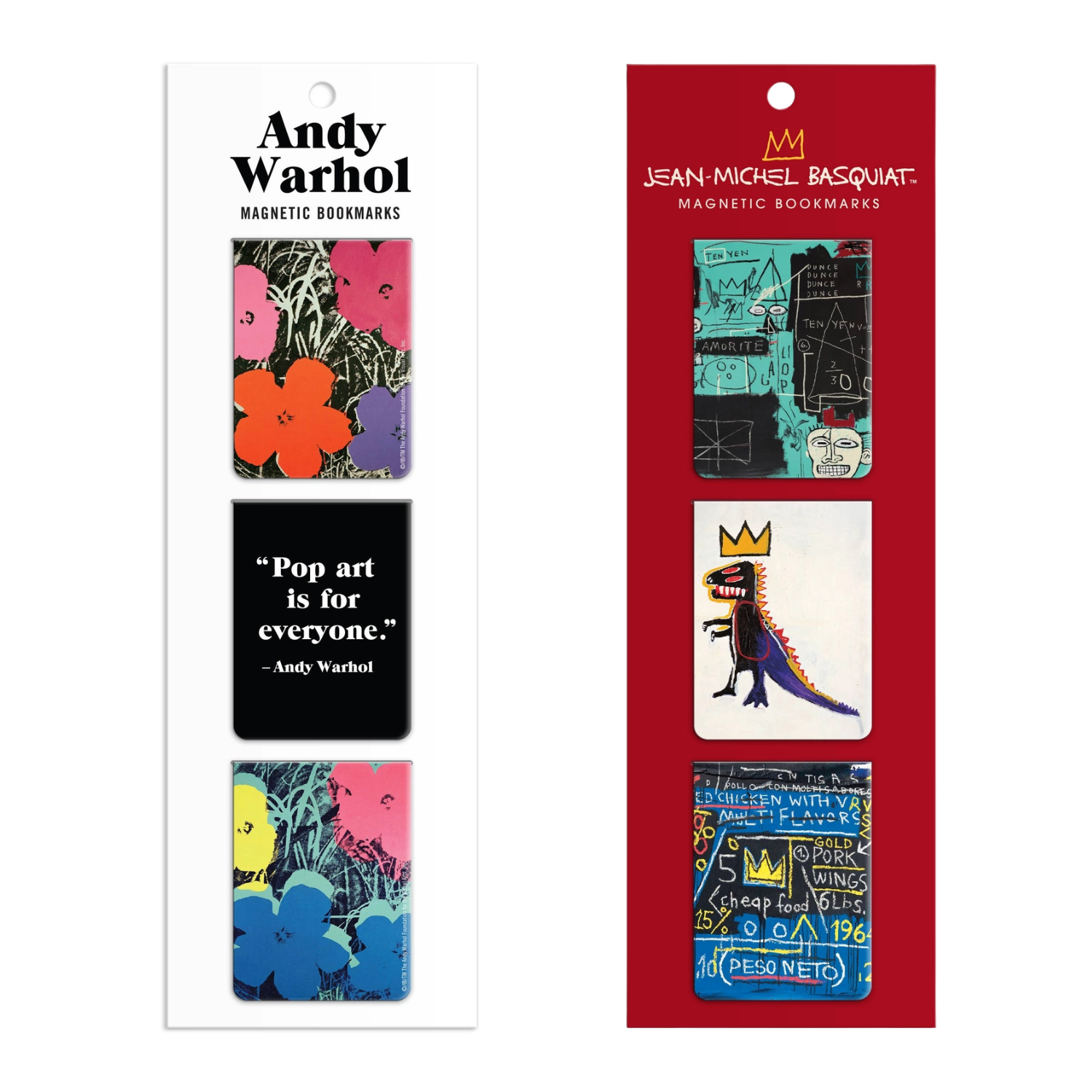 Two packages of magnetic bookmarks featuring Andy Warhol and Jean-Michel Basquiat designs.