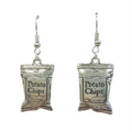 Silver potato chip bag earrings on a white background