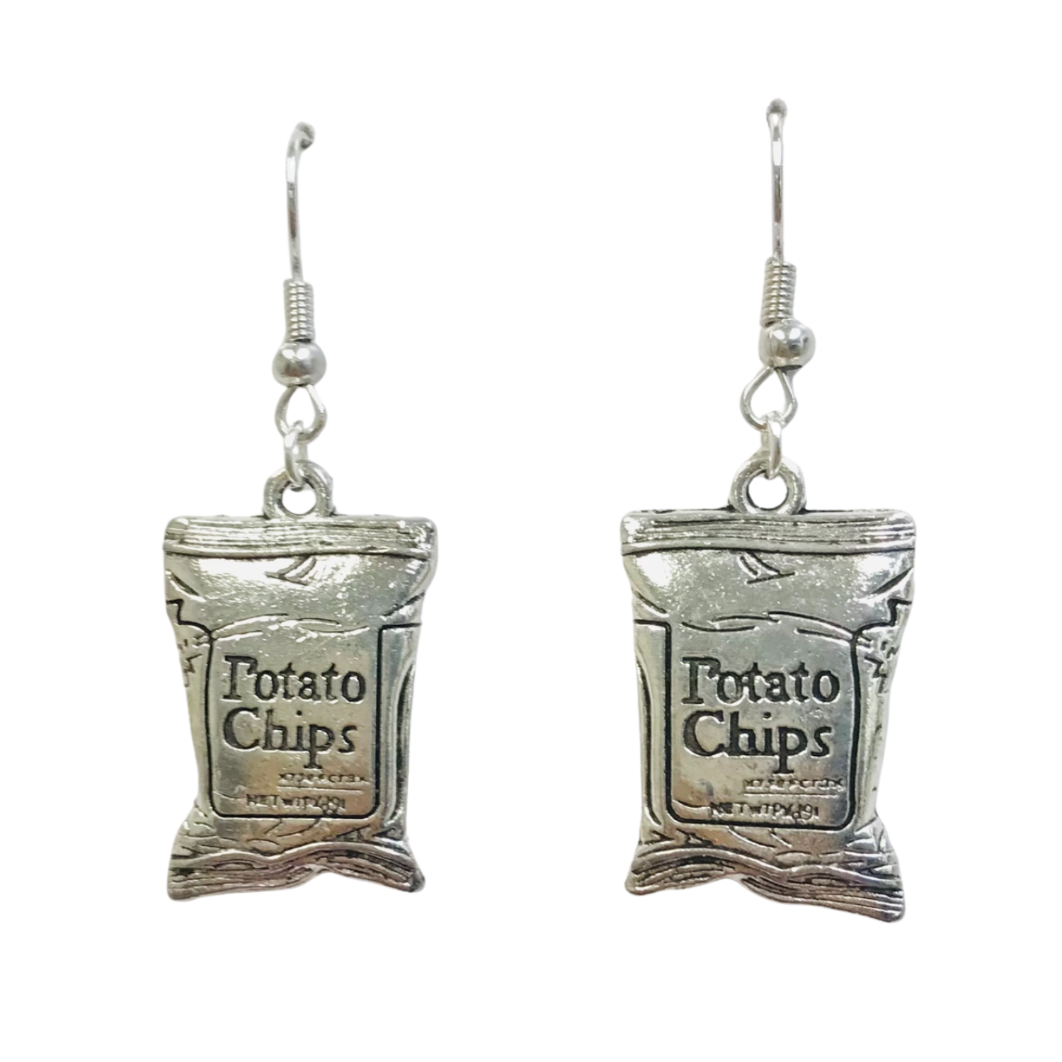 Silver potato chip bag earrings on a white background