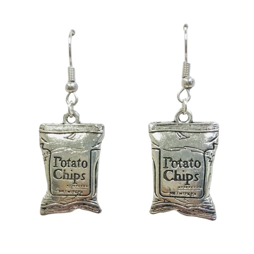 Silver potato chip bag earrings on a white background