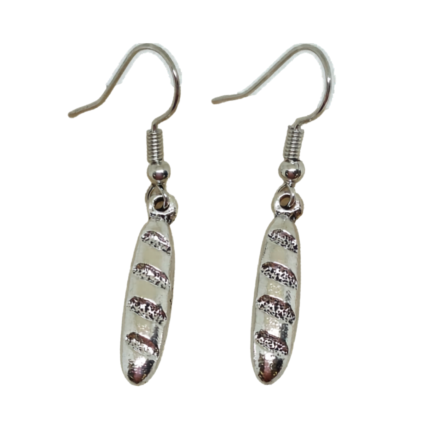 Pair of silver French baguette bread loaf earrings with textured design on a white background