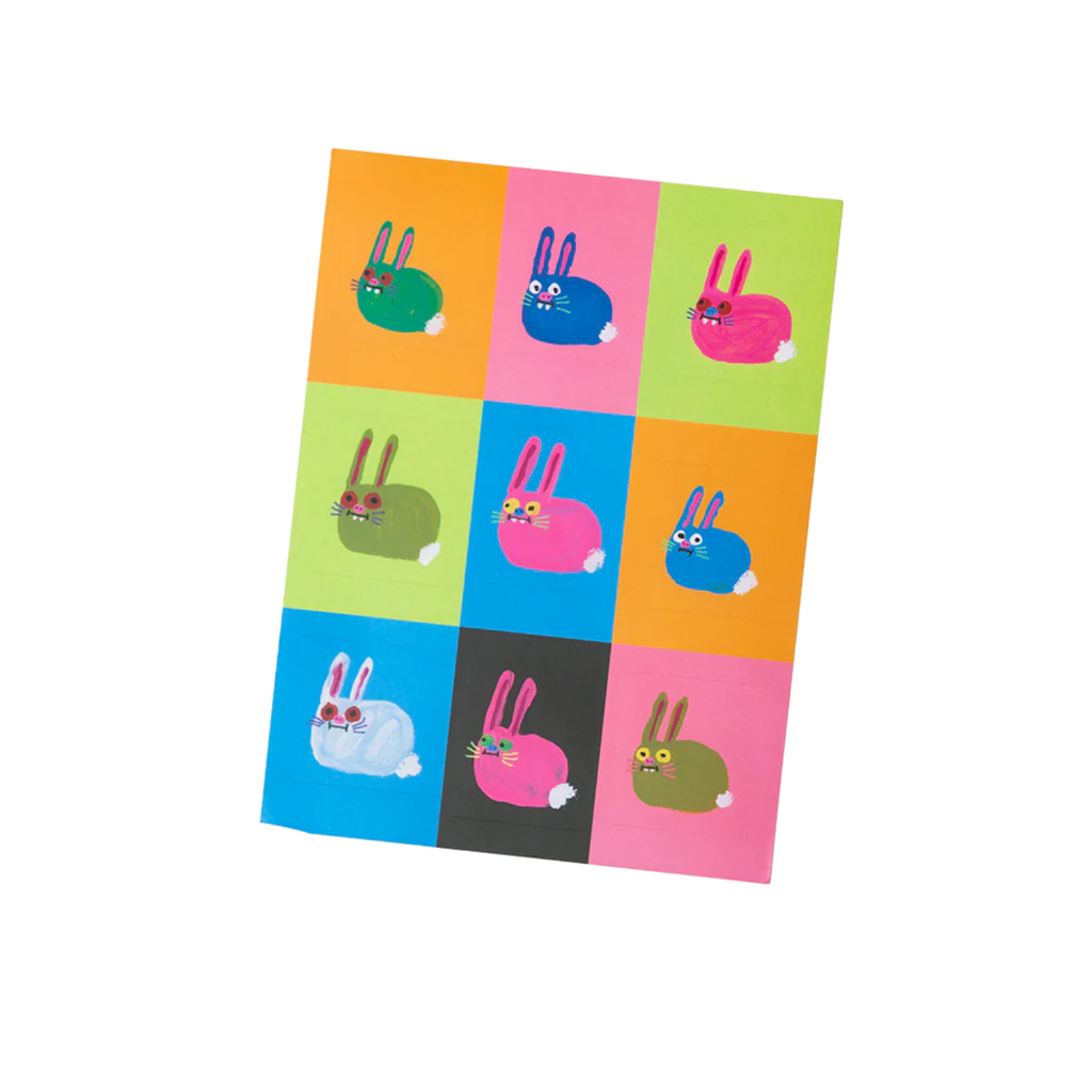 Colorful sticker sheet with cartoon bunnies on a white background