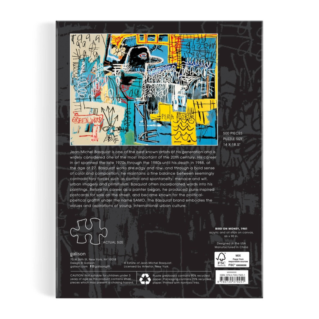 Back cover of a book with a colorful Basquiat abstract art design and text on a black background