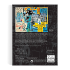 Back cover of a book with a colorful Basquiat abstract art design and text on a black background