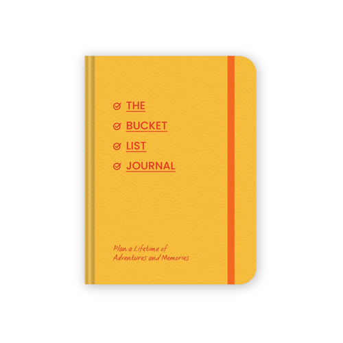 Yellow Bucket List journal with red text on a white background