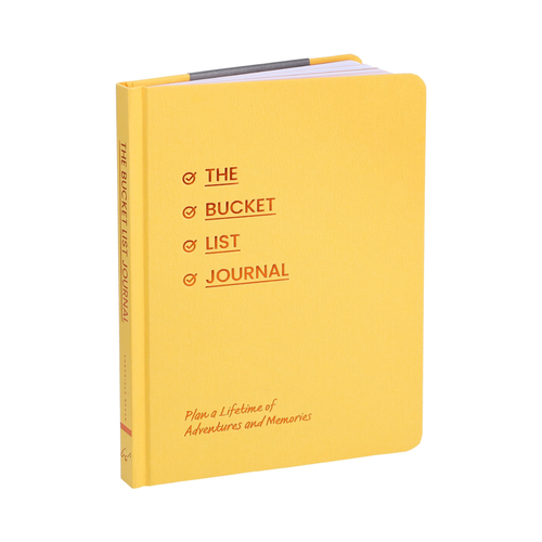 Yellow journal titled 'The Bucket List Journal' on a white background