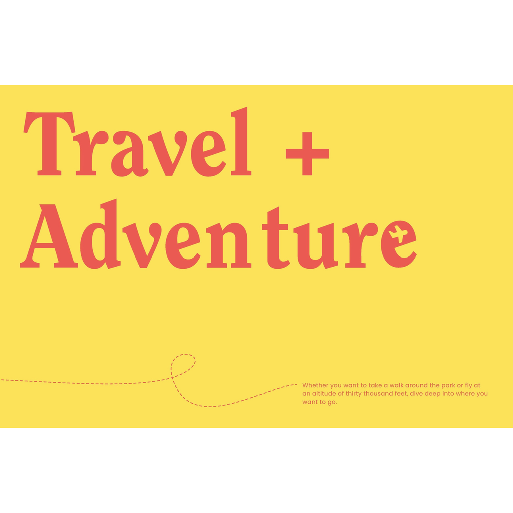 Yellow background with 'Travel + Adventure' text in red on a white background
