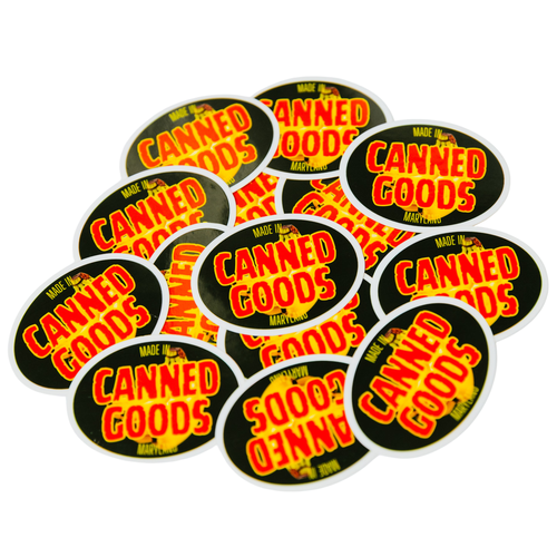 Multiple 'Canned Goods' stickers with a green border on a white background