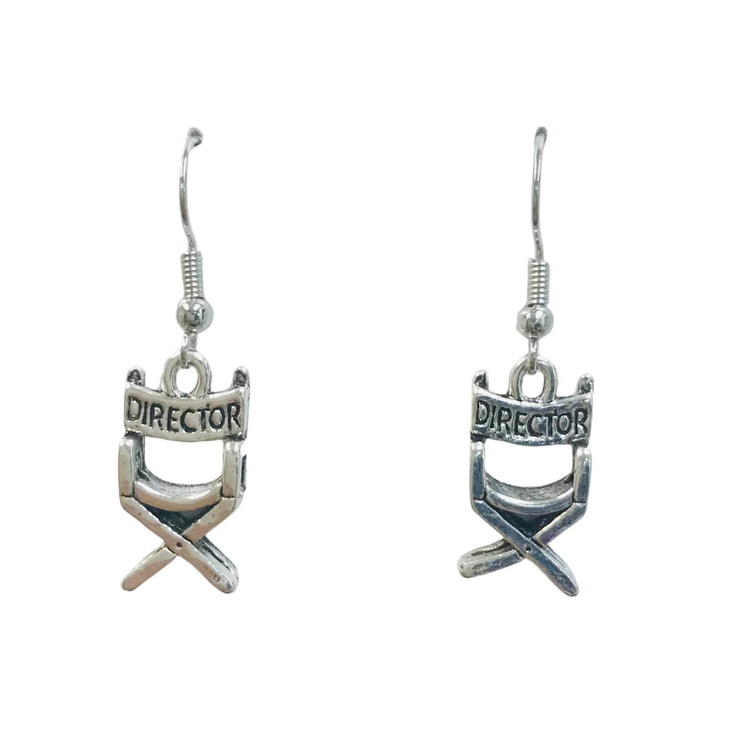 Silver director's chair earrings on a white background