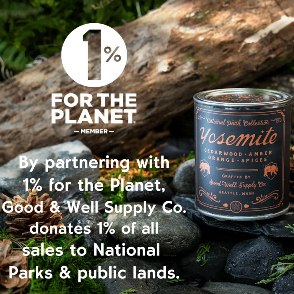 Yosemite candle with 1% for the Planet logo and text about donations to national parks.