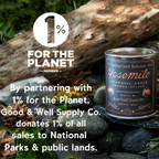 Yosemite candle with 1% for the Planet logo and text about donations to national parks.