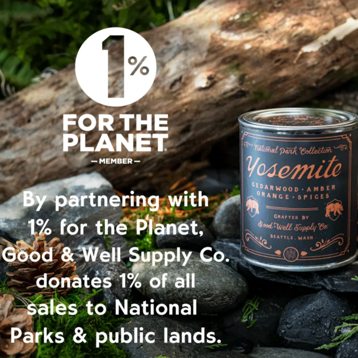 Candle with '1% for the Planet' label on a natural background
