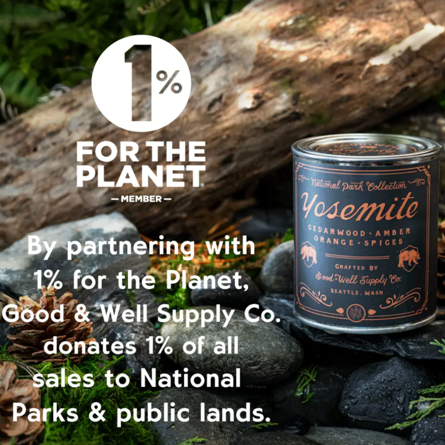 Yosemite candle with 1% for the Planet logo and text about donations to national parks.