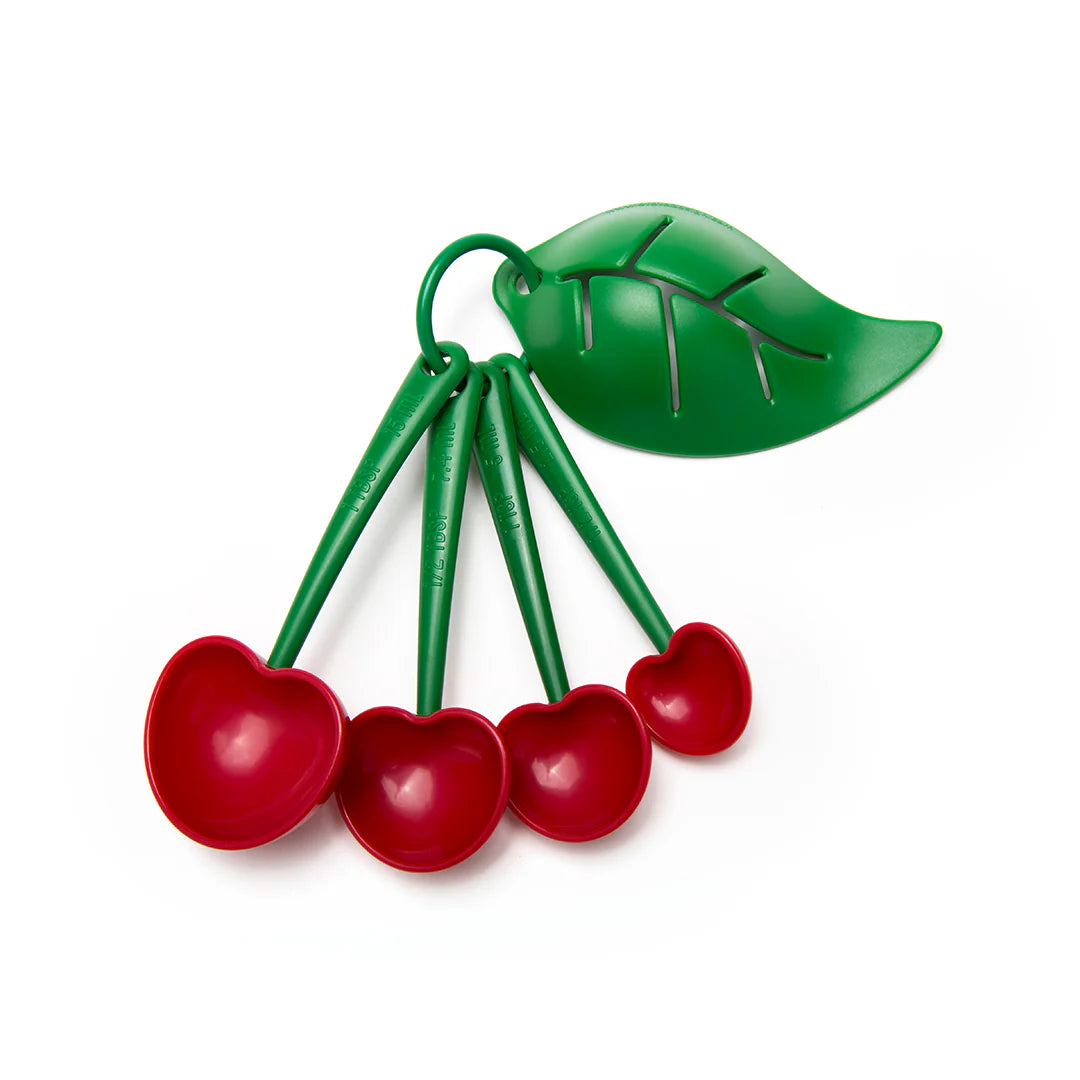 Cherry-shaped measuring spoon set with green leaf holder and built-in egg separator by OTOTO for baking and cooking.