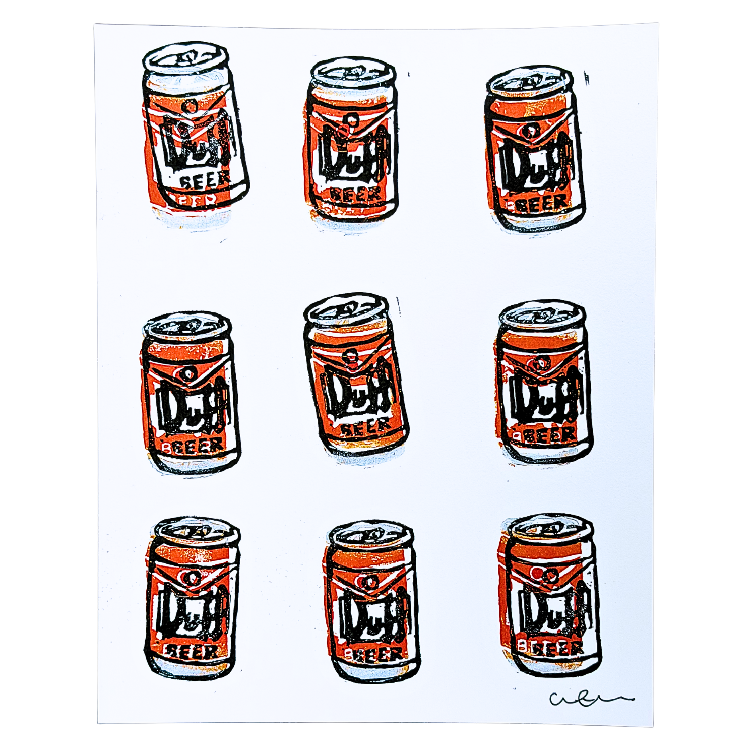 Prints of Simpsons beer cans with 'Duff' branding on a white background