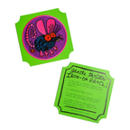 Iron-on patch with cartoon rat character and green backing