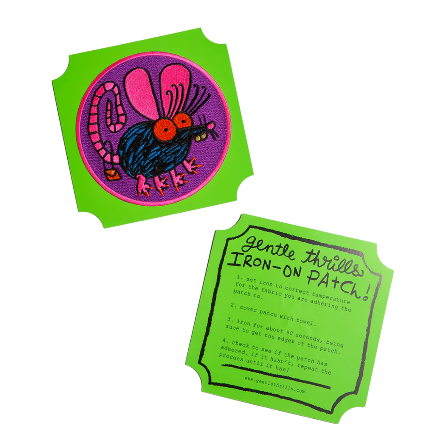 Iron-on patch with cartoon rat character and green backing