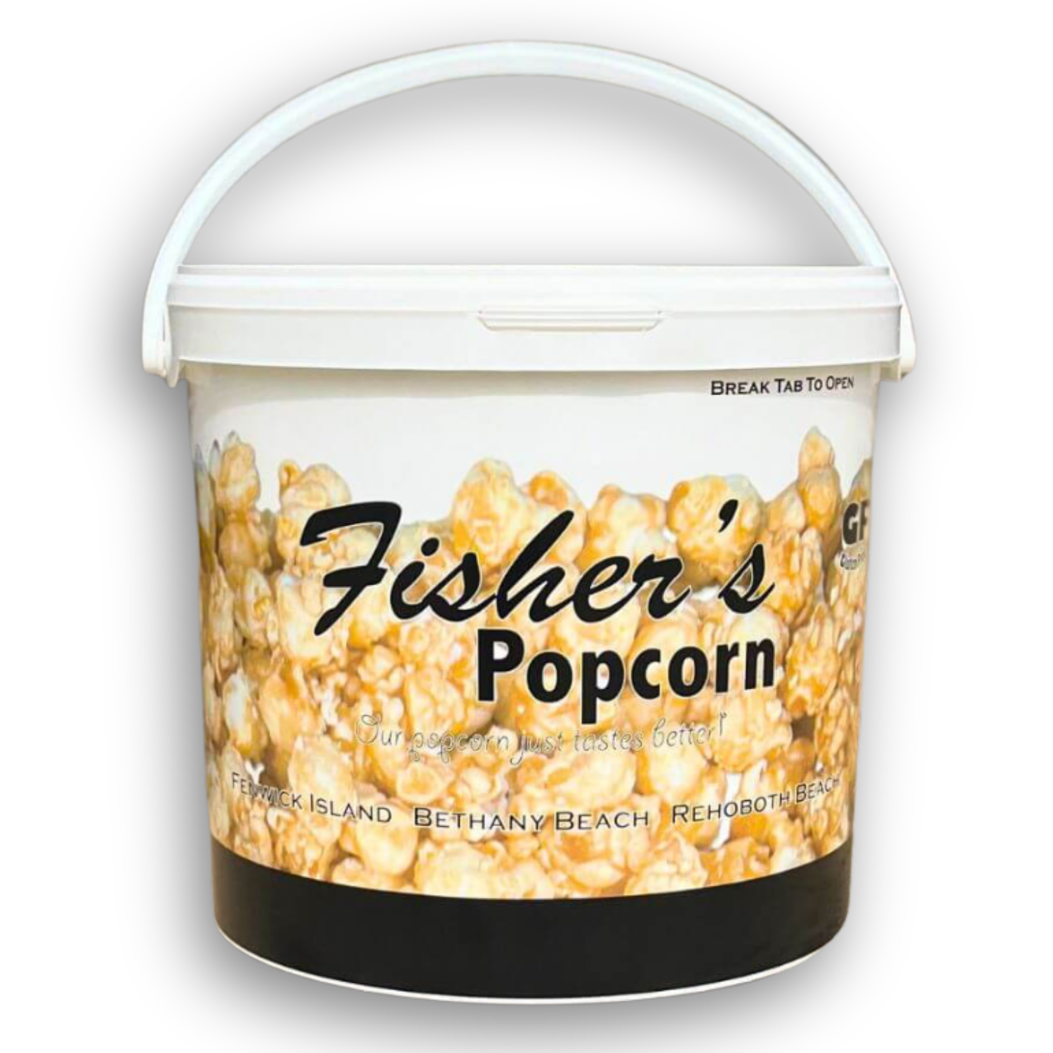 White bucket labeled 'Fisher's Popcorn' filled with popcorn on a white background