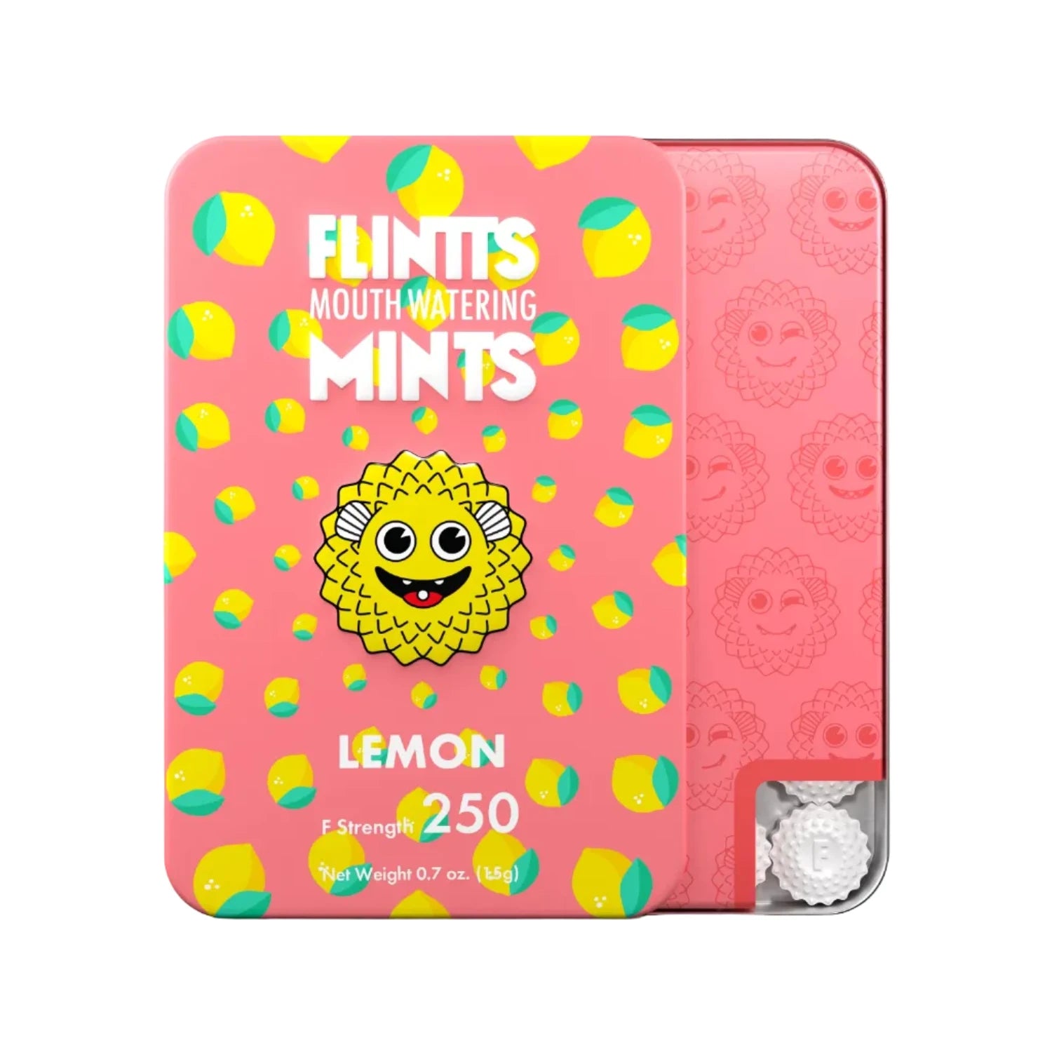Pink tin of Flintts Lemon mints with a cartoon character on a white background