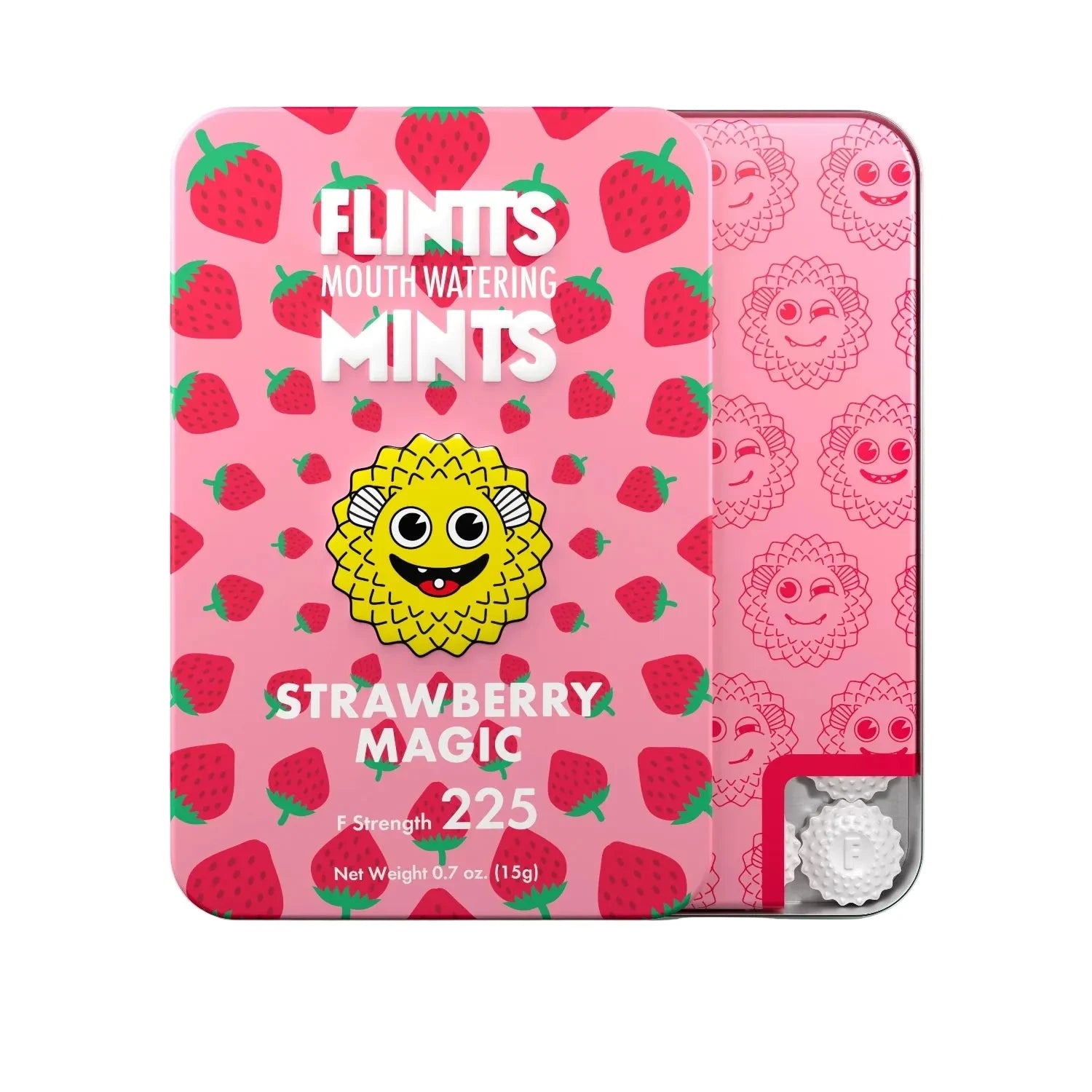 Pink packaging of Flintts Strawberry Magic mints with cartoon characters and strawberry pattern on a light blue background.