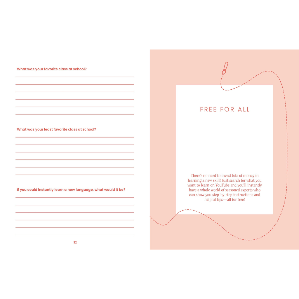 Two pages from a book or notebook with text and a 'Free for All' section on a pink background.