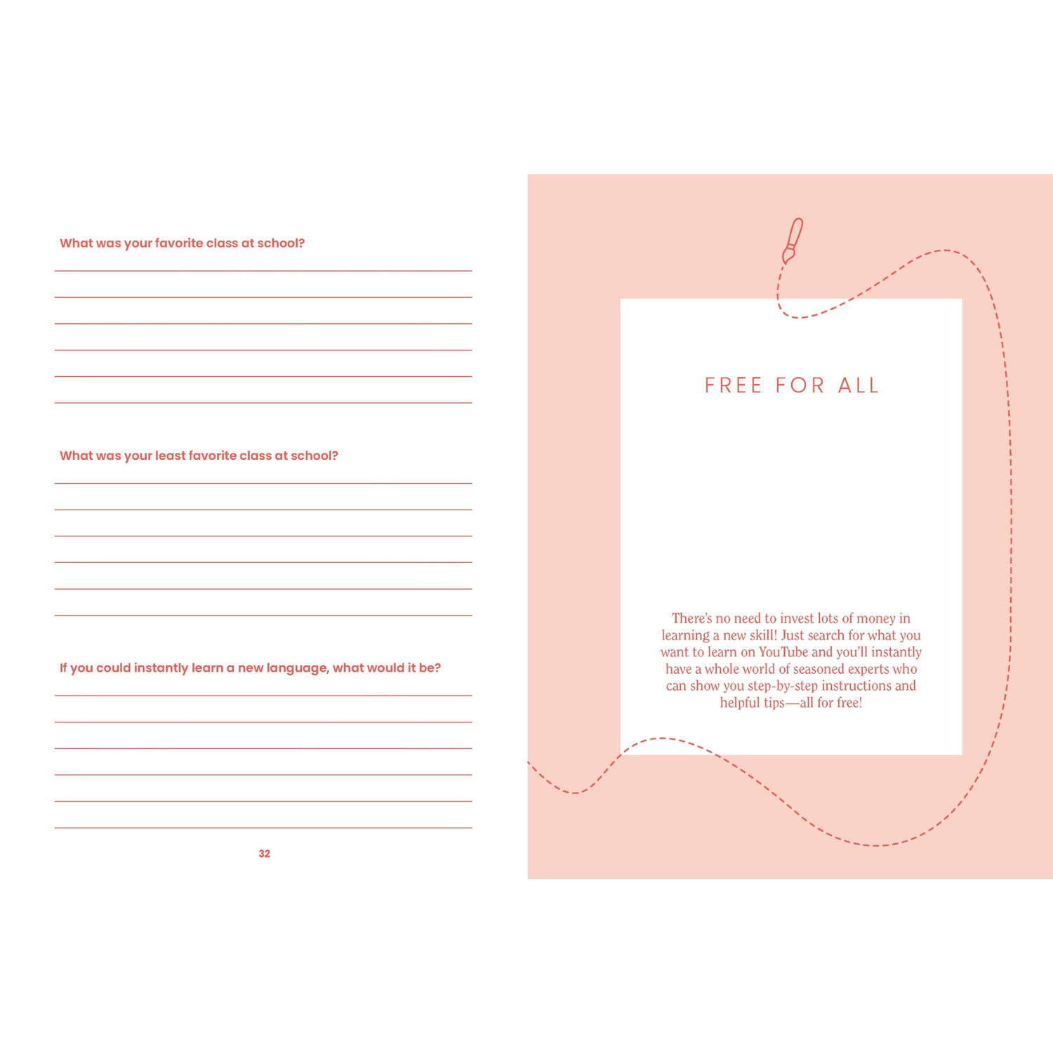 Two pages from a book or notebook with text and a 'Free for All' section on a pink background.