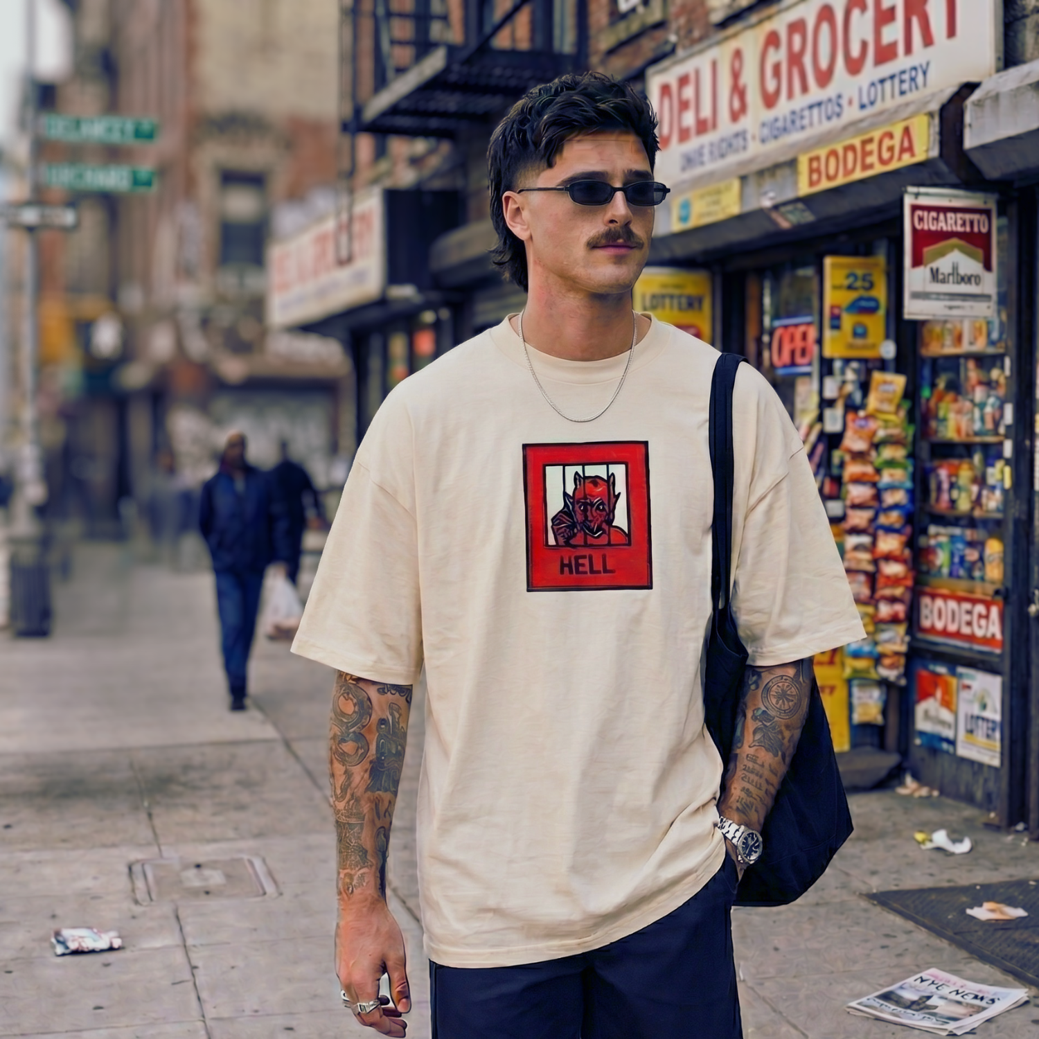 Man wearing a beige t-shirt with a graphic design on a city street.