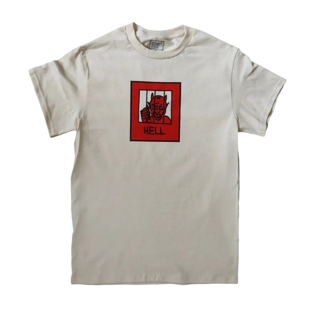 Beige t-shirt with a graphic of a devil and 'HELL' text on a white background