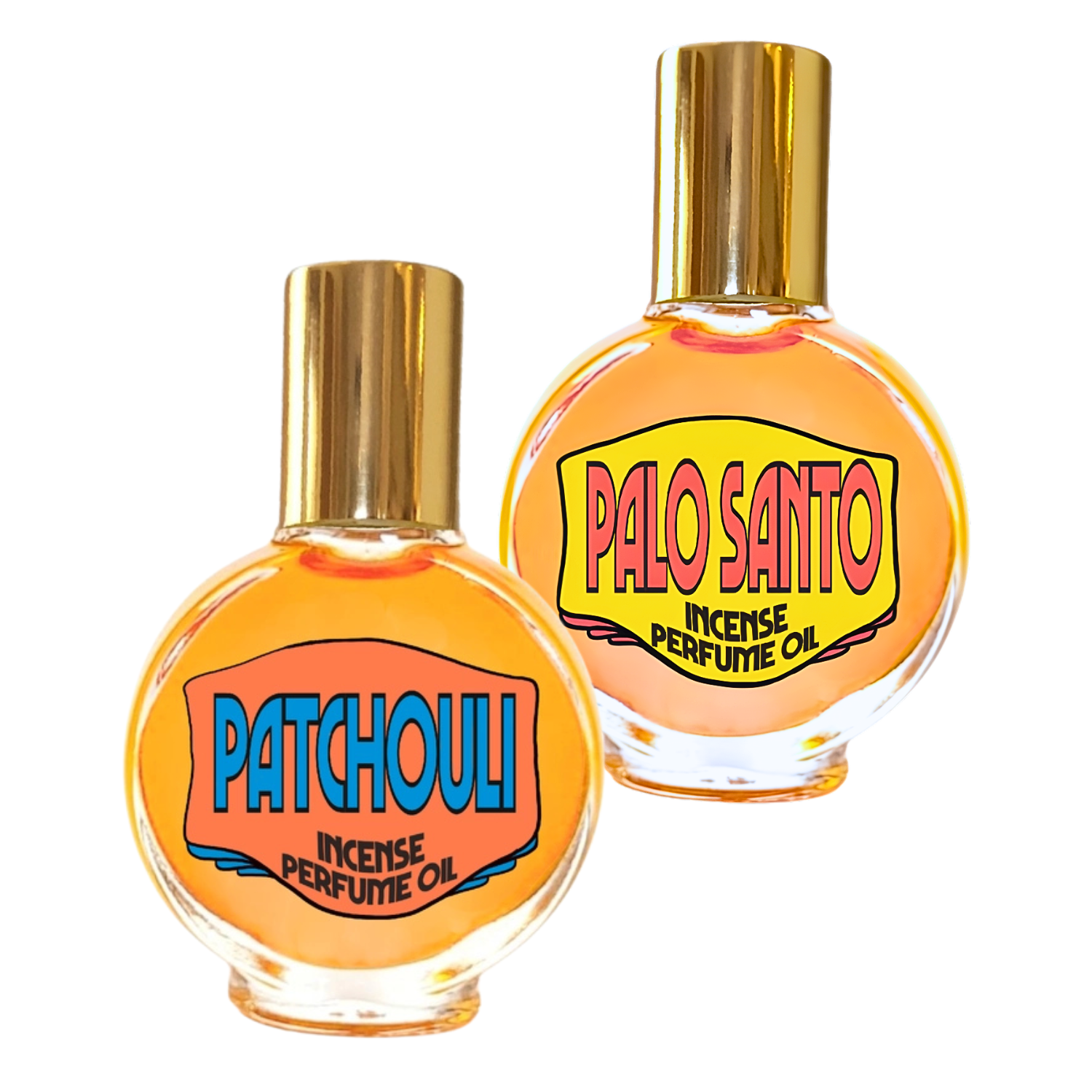 Two bottles of incense perfume oil with colorful labels on a white background
