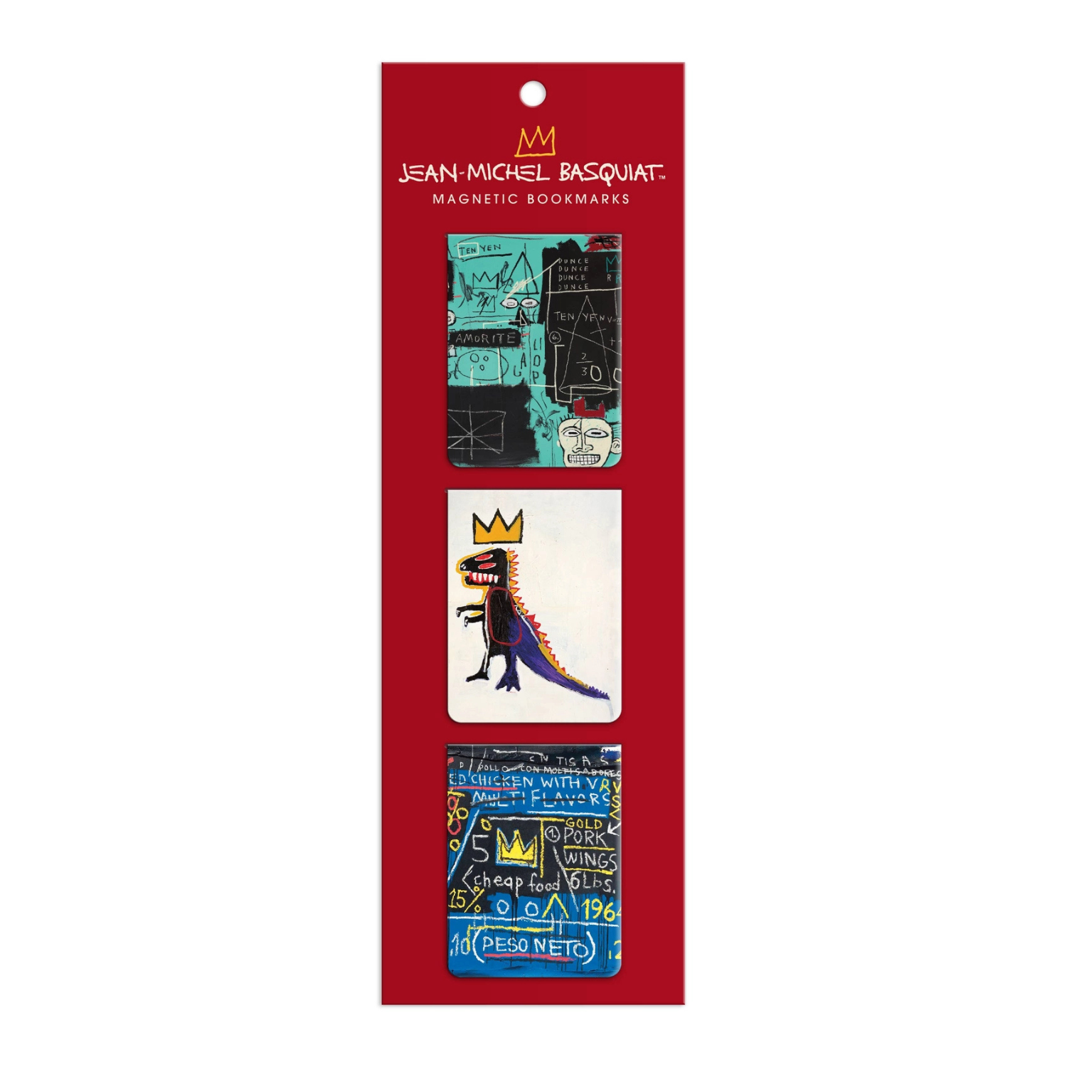 Packaged magnetic bookmarks by Jean-Michel Basquiat with colorful designs on a white background.