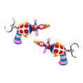 A pair of colorful novelty earrings shaped like toy ray guns from Killer Klowns from Outer Space, featuring red and white checkered bodies, pink and blue striped handles, and silver metal keyrings on a plain white background.