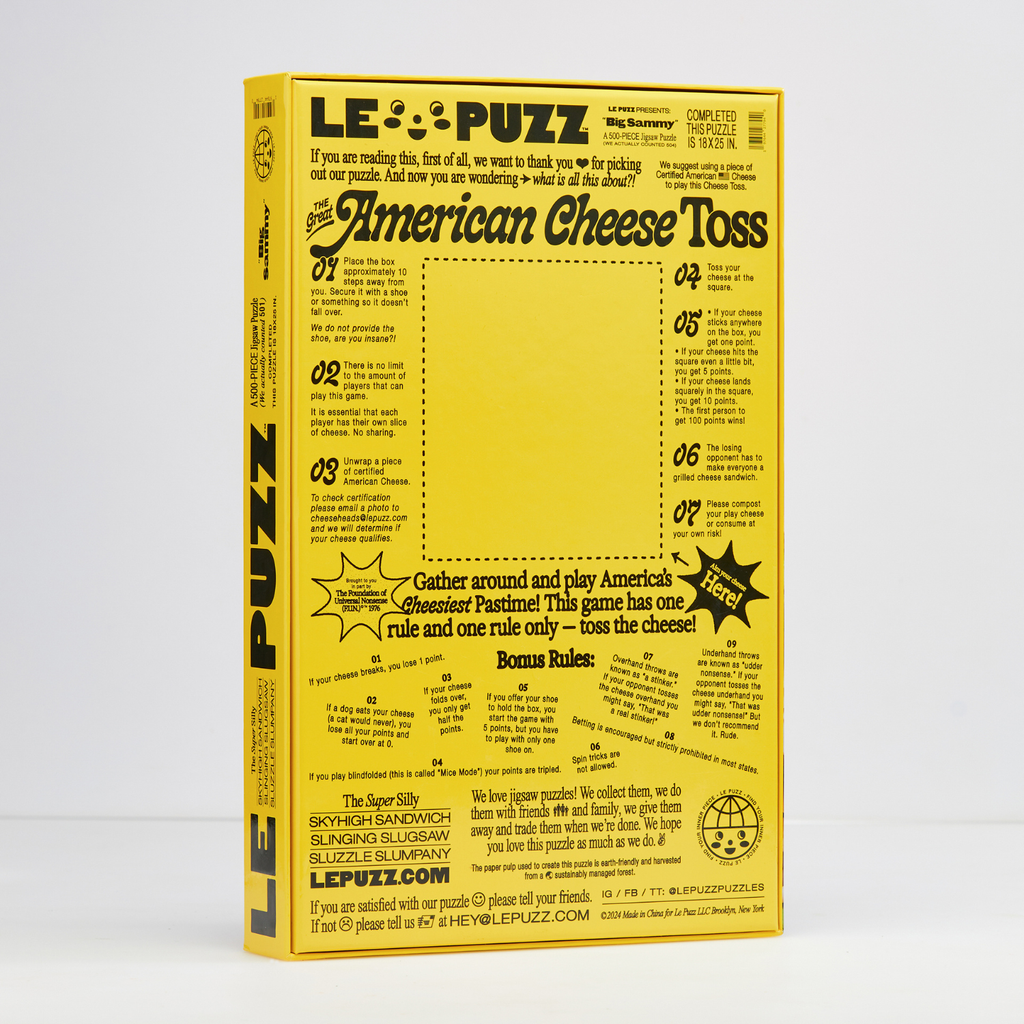 Yellow box with 'American Cheese Toss' game by Le Puzz on a white background