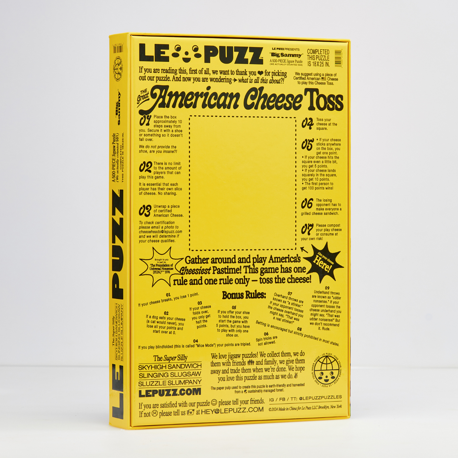 Yellow box with 'American Cheese Toss' game by Le Puzz on a white background