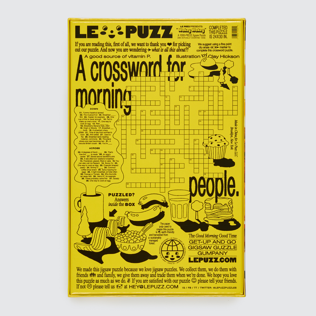 Yellow and black puzzle packaging with a crossword-style design on a white background