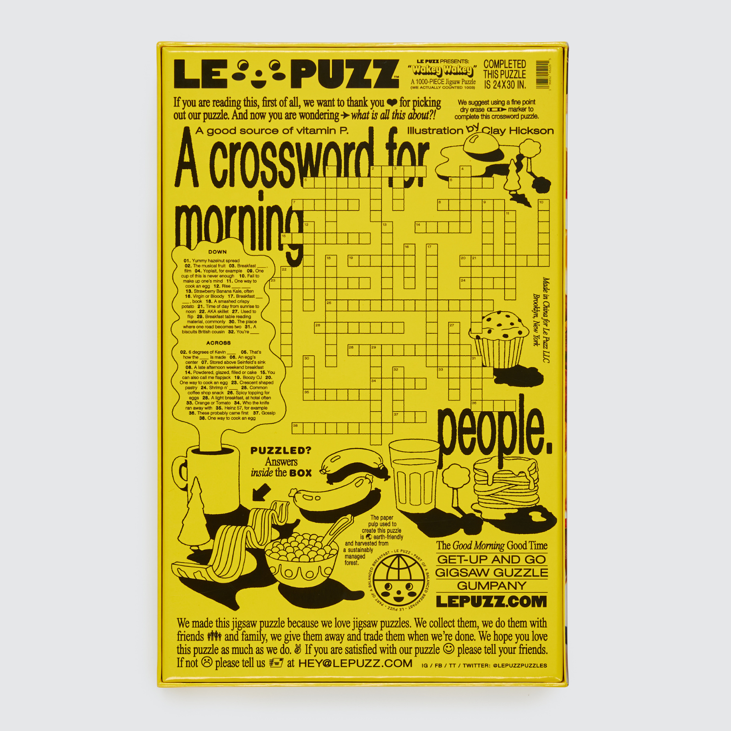 Yellow and black puzzle packaging with a crossword-style design on a white background