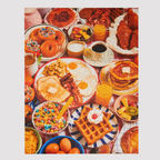 Jigsaw puzzle of colorful breakfast scene with various foods including waffles, donuts, and cereal.