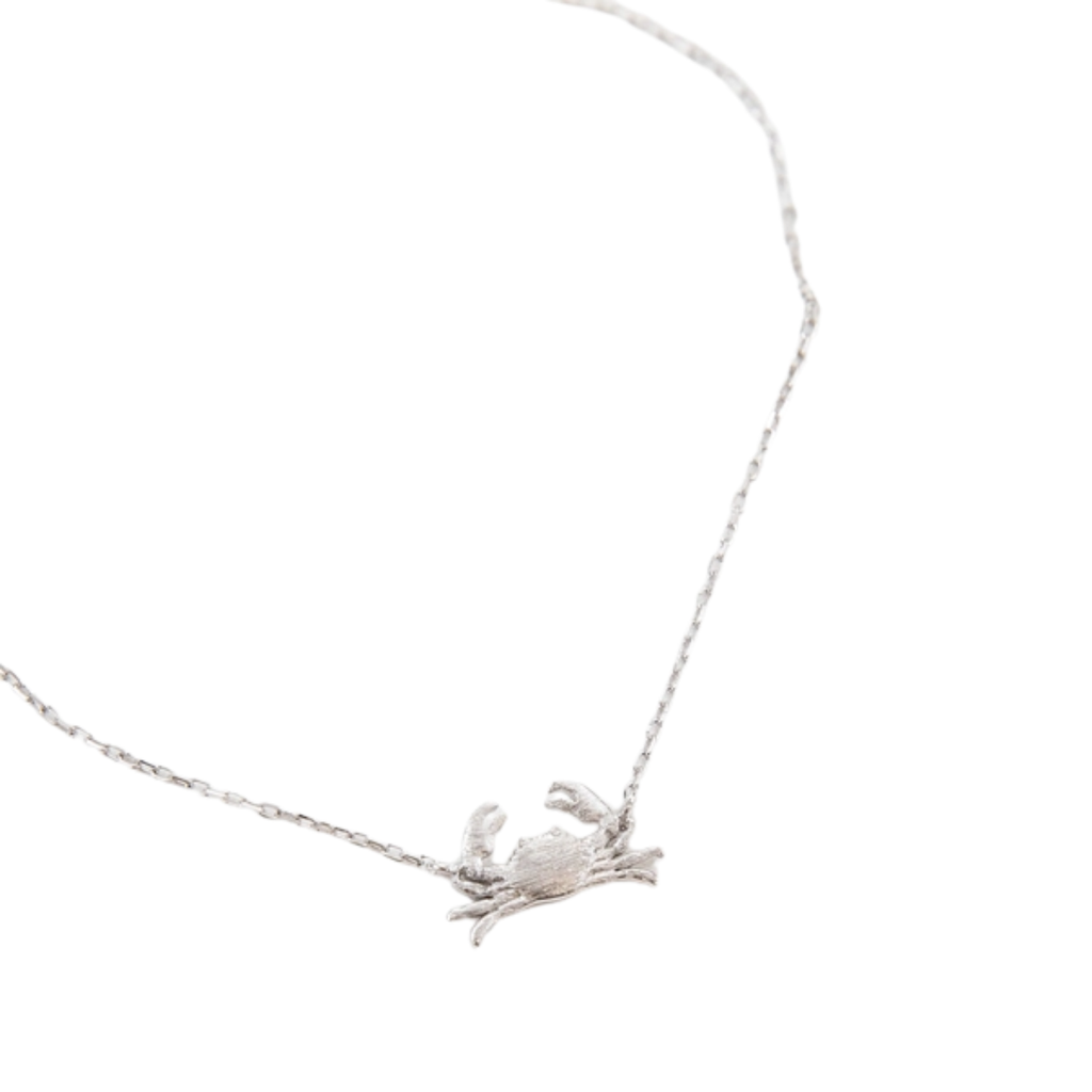 A silver chain bracelet featuring a small, brushed textured Maryland Blue Crab pendant, shown against a plain white background.