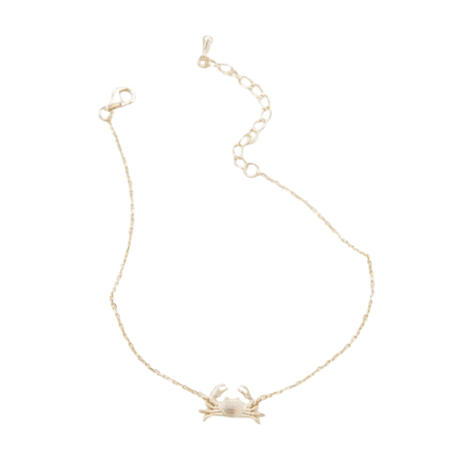 A delicate gold chain bracelet featuring a small gold crab pendant, displayed on a clean white background.