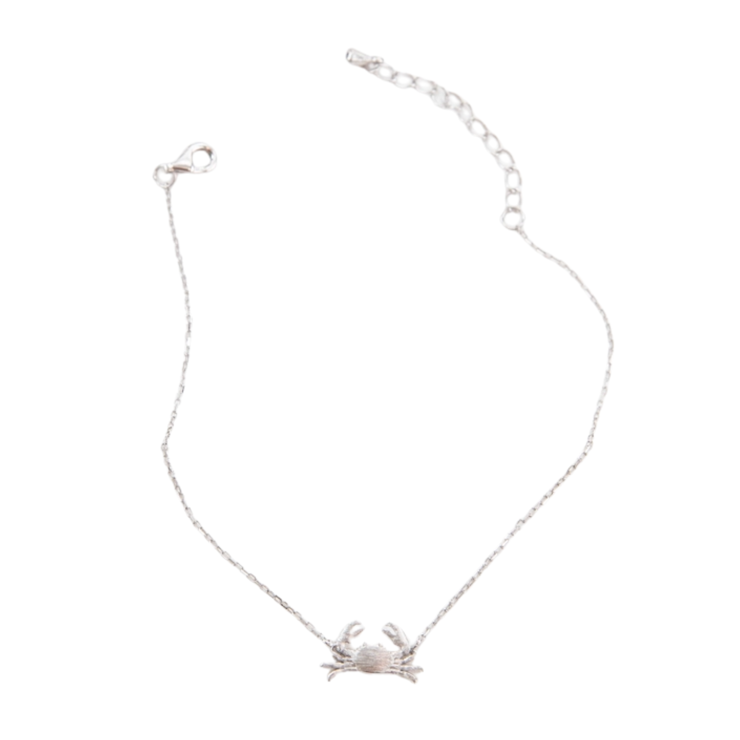 A delicate silver chain bracelet featuring a small Maryland Blue Crab pendant, displayed on a clean white background.