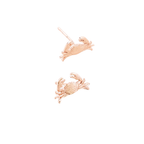 A pair of rose gold crab stud earrings shown on a plain white background, with one earring facing upwards and the other facing downwards to display both sides.